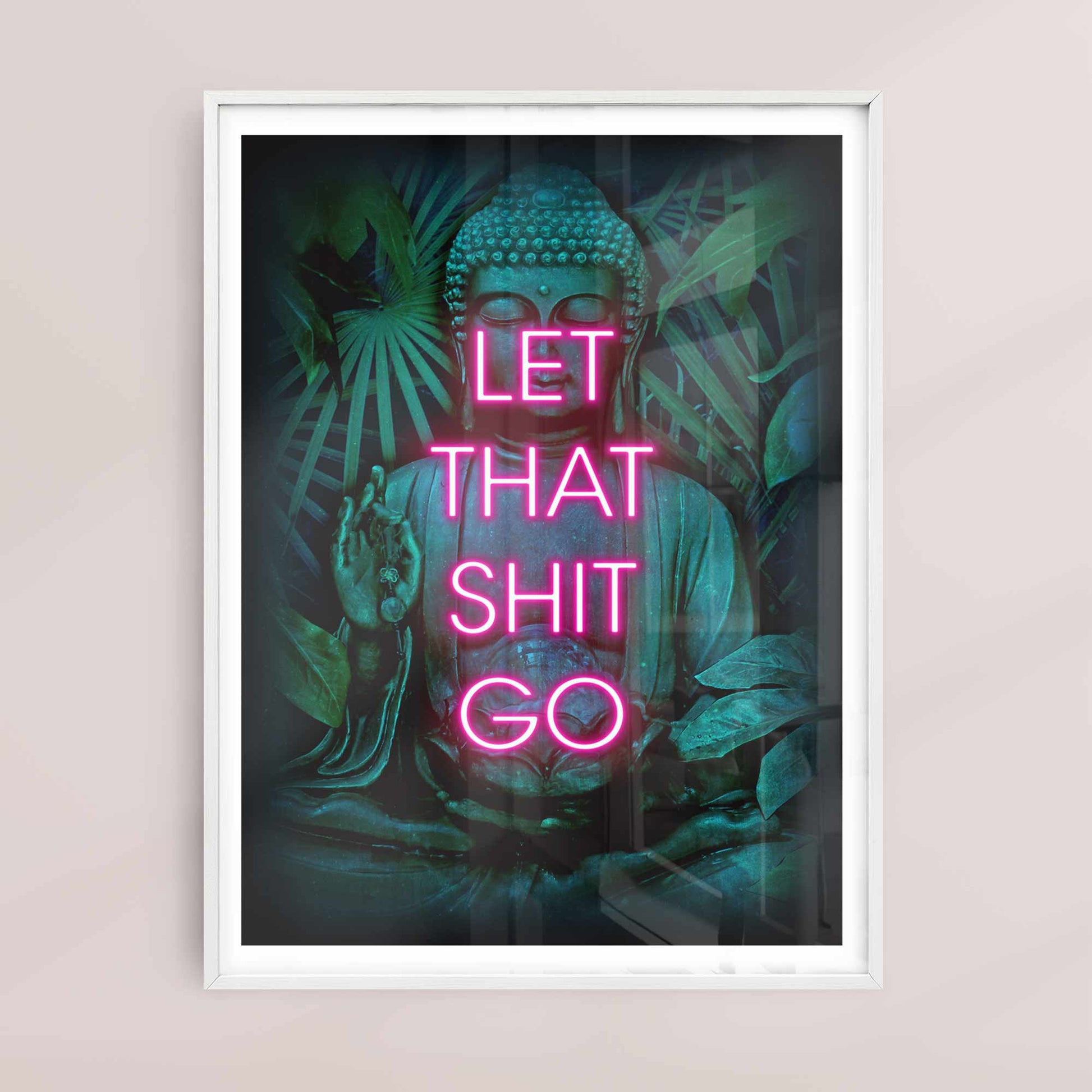 Framed humorous Zen art print displayed in bathroom