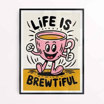 life is brew-tiful tea pun black frame kitchen art