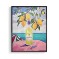 framed limoncello wall art print featuring lemons and coastal scenery in modern home