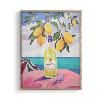 limoncello wall art print featuring lemons bottle and mediterranean coastal scenery for italian kitchen decor Afterhours Gallery