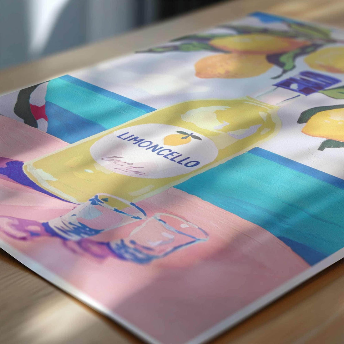 Coastal home decor setup with a Limoncello print on the wall