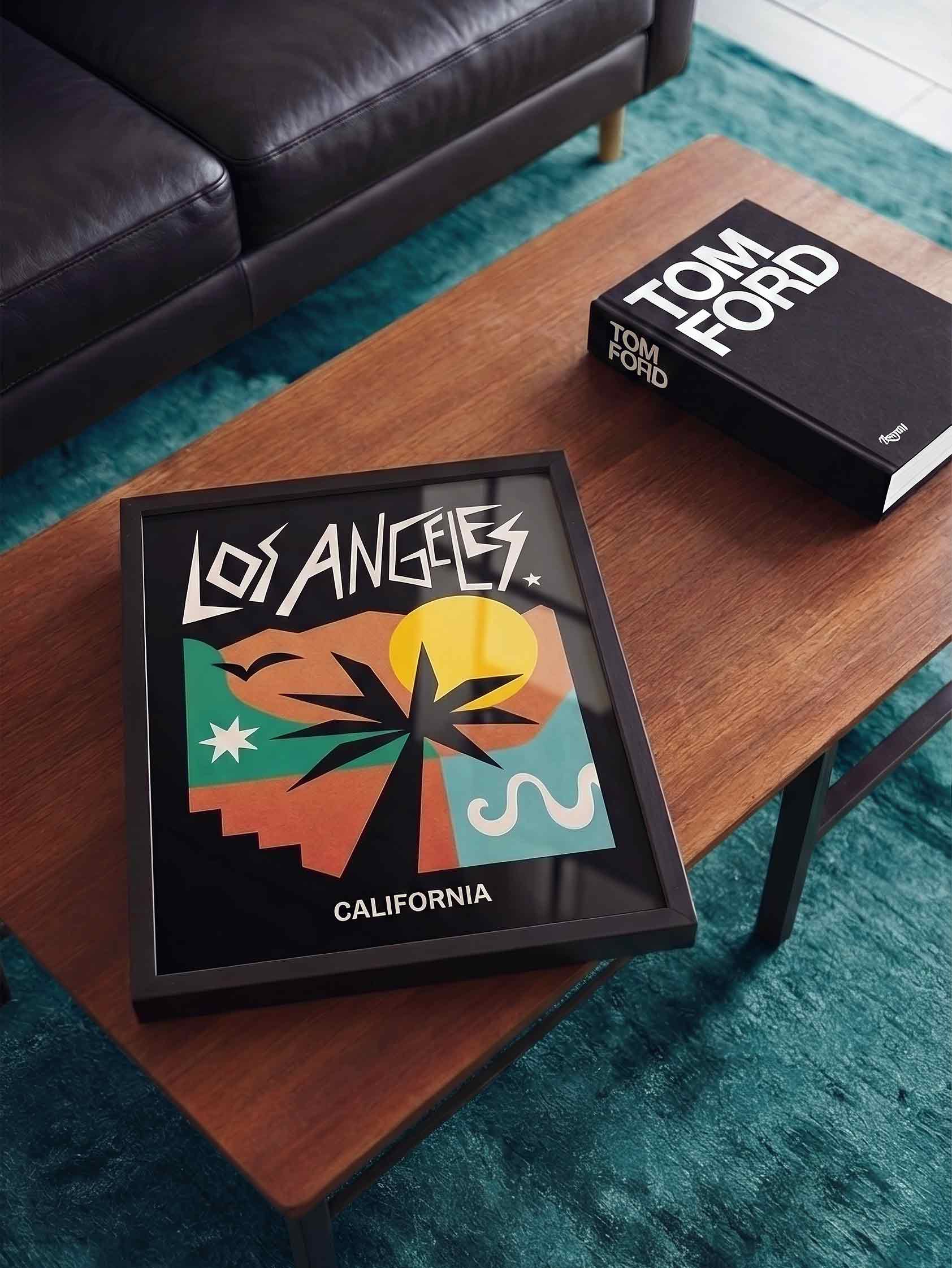 retro los angeles wall art styled in contemporary neutral living room interior
