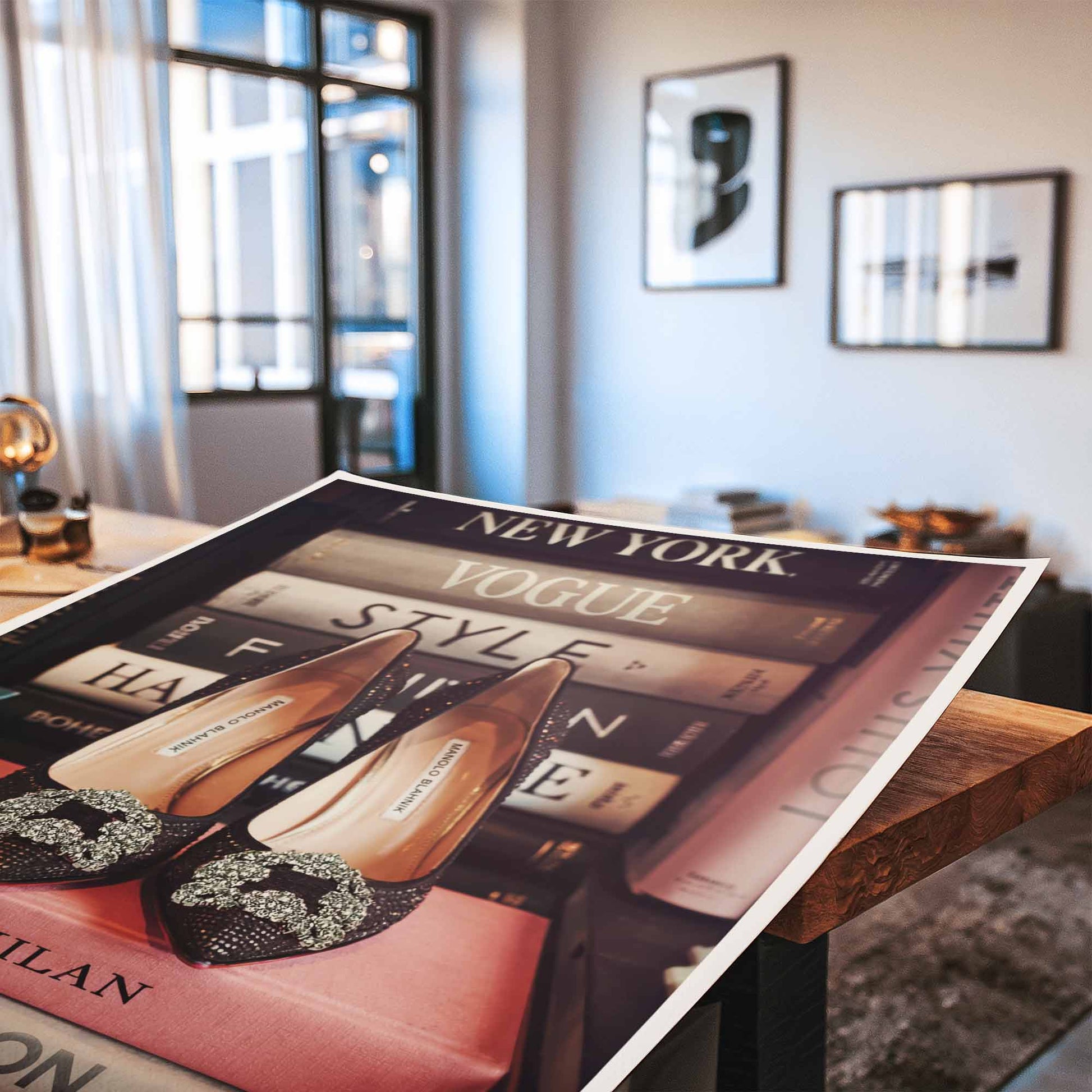Close-up of rhinestone Manolo detail and fashion books poster print