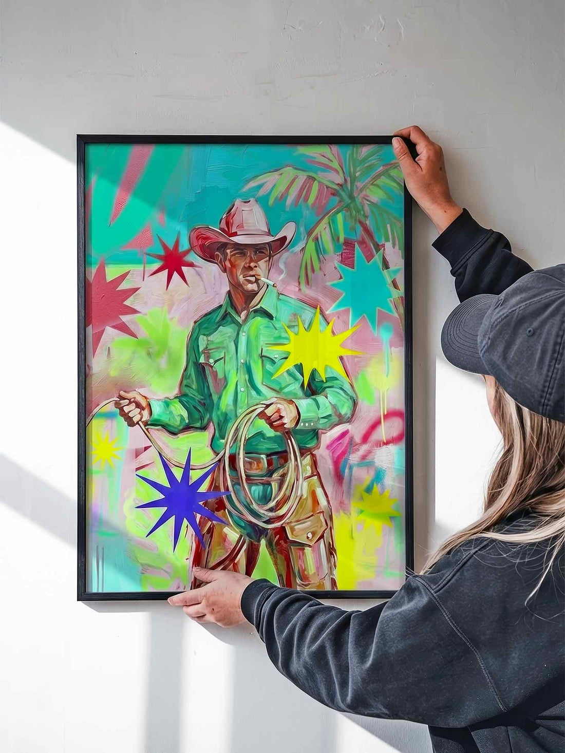 Afterhours Gallery - Cowboy Pop Wall Art Print Pink and Green - Oak Frame
