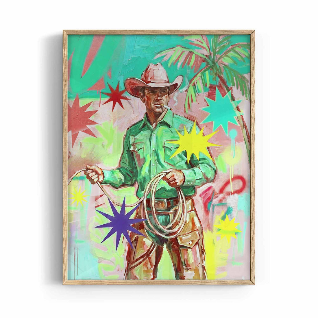 Afterhours Gallery - Cowboy Pop Wall Art Print Pink and Green - Oak Frame