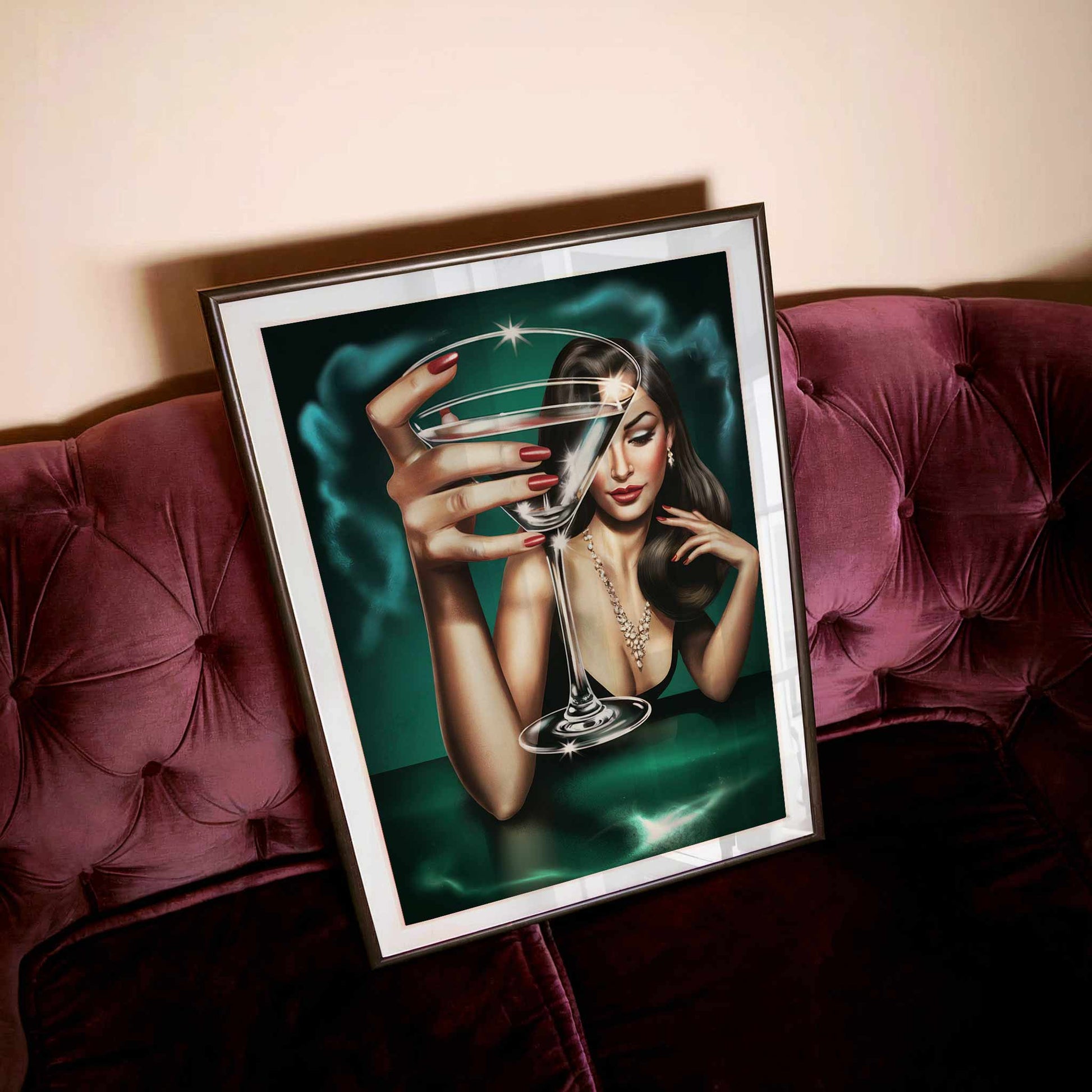 After Hours Poster airbrush art, luxury decor, 80s glam print, vogue inspired artwork, martini cocktail framed print on velvet sofa