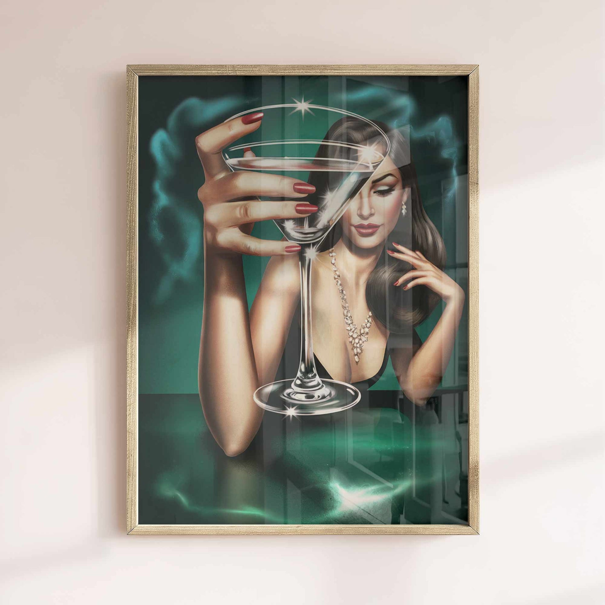 After Hours Poster airbrush art, luxury decor, 80s glam print, vogue inspired artwork, martini cocktail poster oak frame