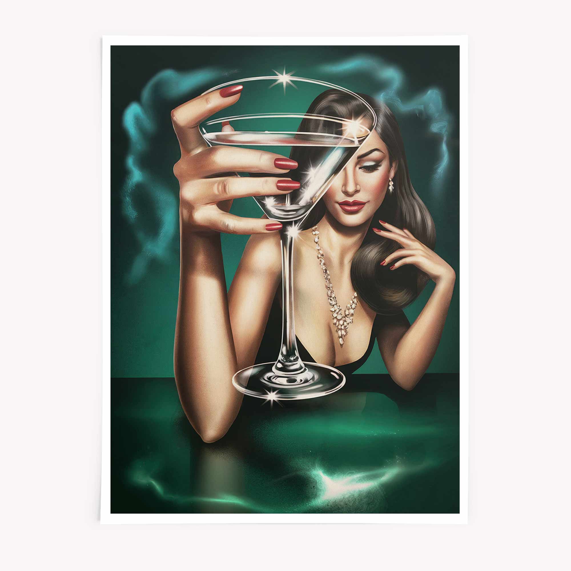 After Hours Poster airbrush art, luxury decor, 80s glam print, vogue inspired artwork, martini cocktail poster