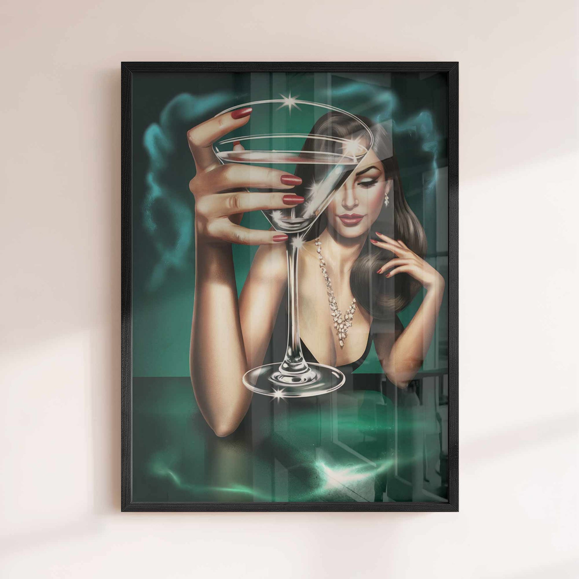 After Hours Poster airbrush art, luxury decor, 80s glam print, vogue inspired artwork, martini cocktail poster black frame