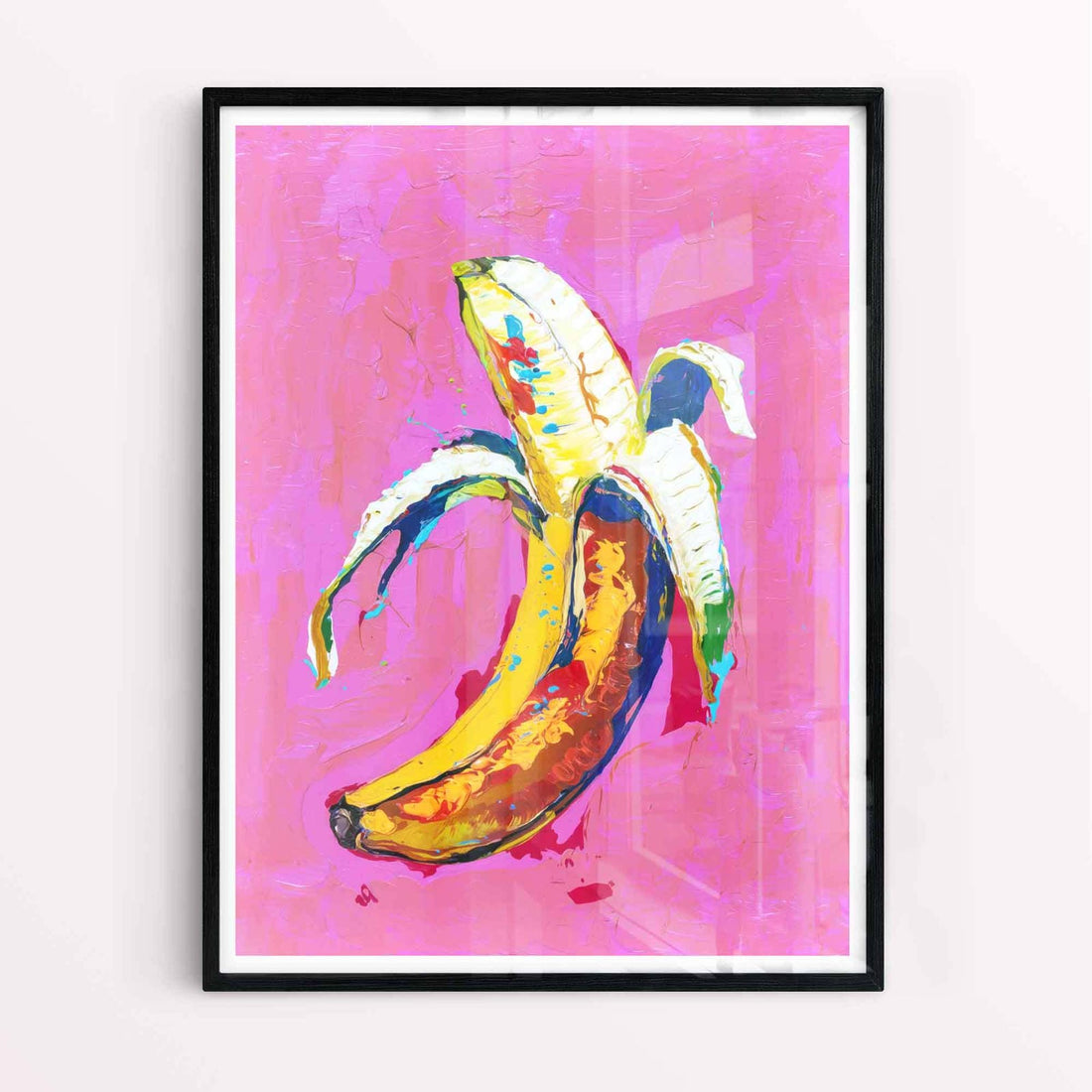 Maximalist banana pop art poster on pink background