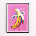 Maximalist banana pop art poster on pink background