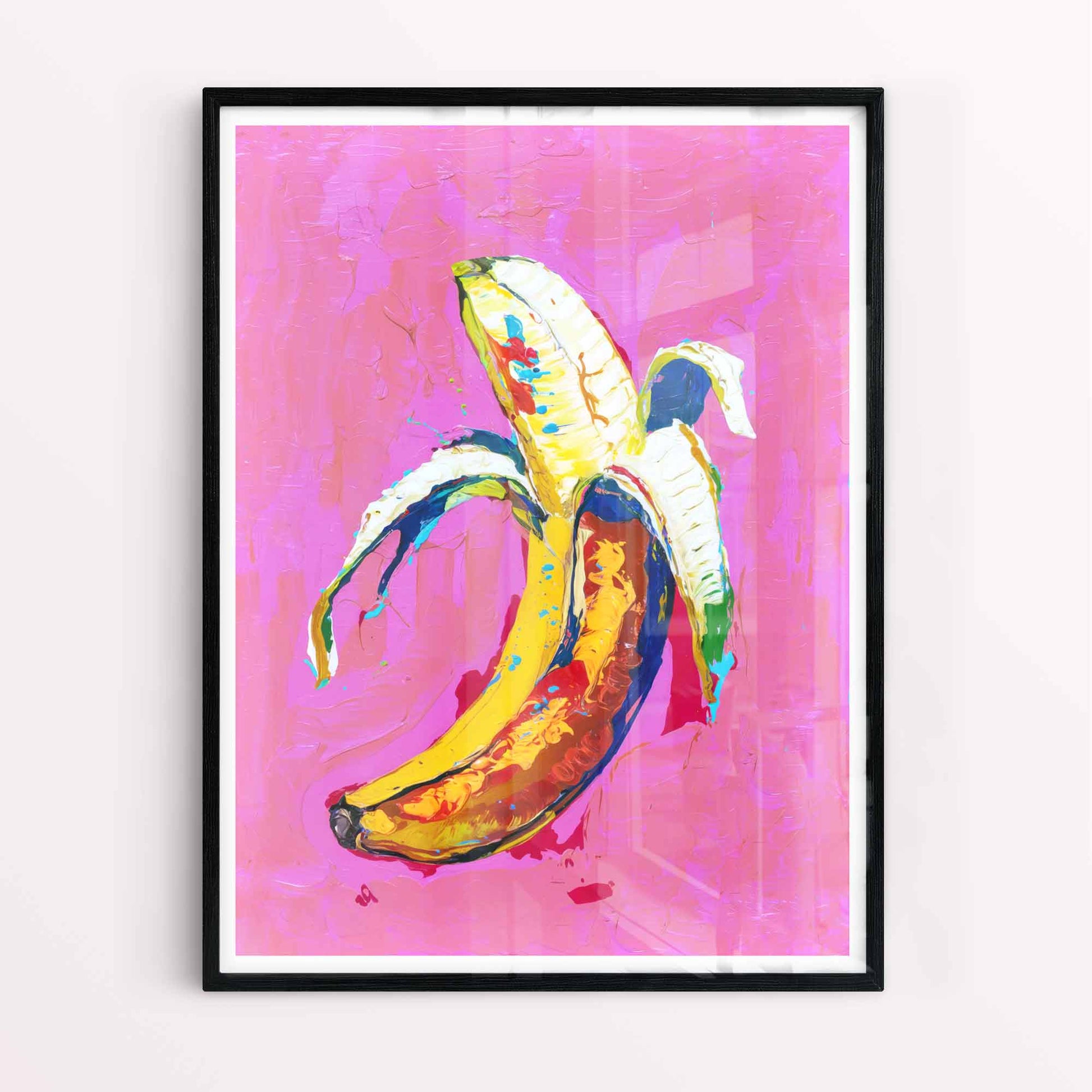 Maximalist banana pop art poster on pink background