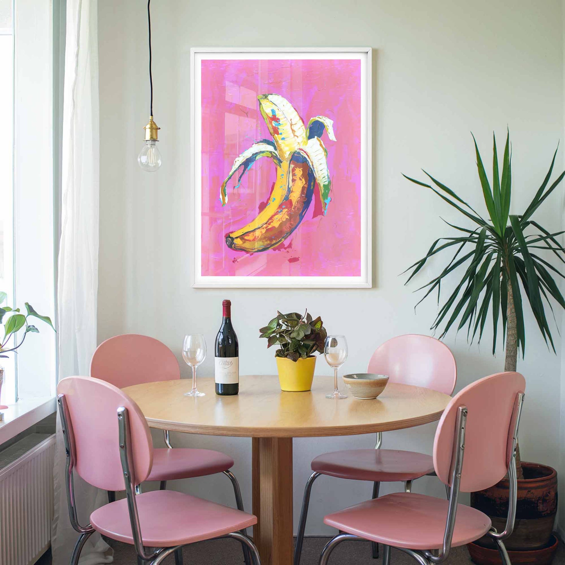 Pink Pop Art Banana Framed Print in white pink kitchen dinner