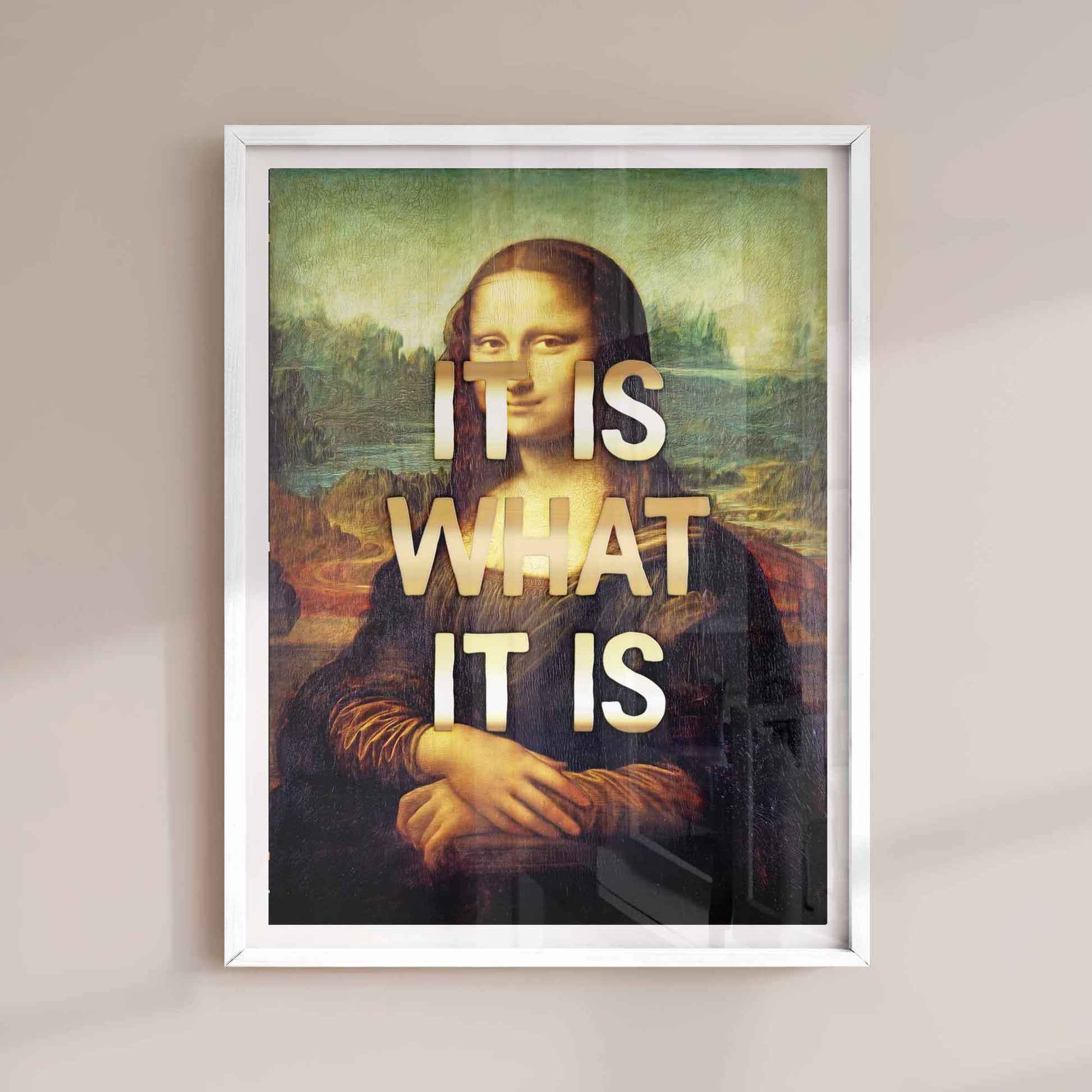 Mona Lisa parody artwork with gold text