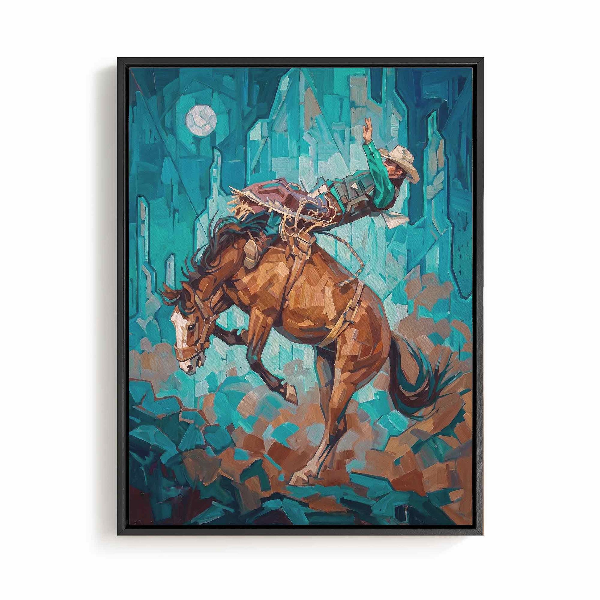 Rustic moonlit rodeo western cowboy framed canvas wall art abstract horse artwork - Afterhours Gallery