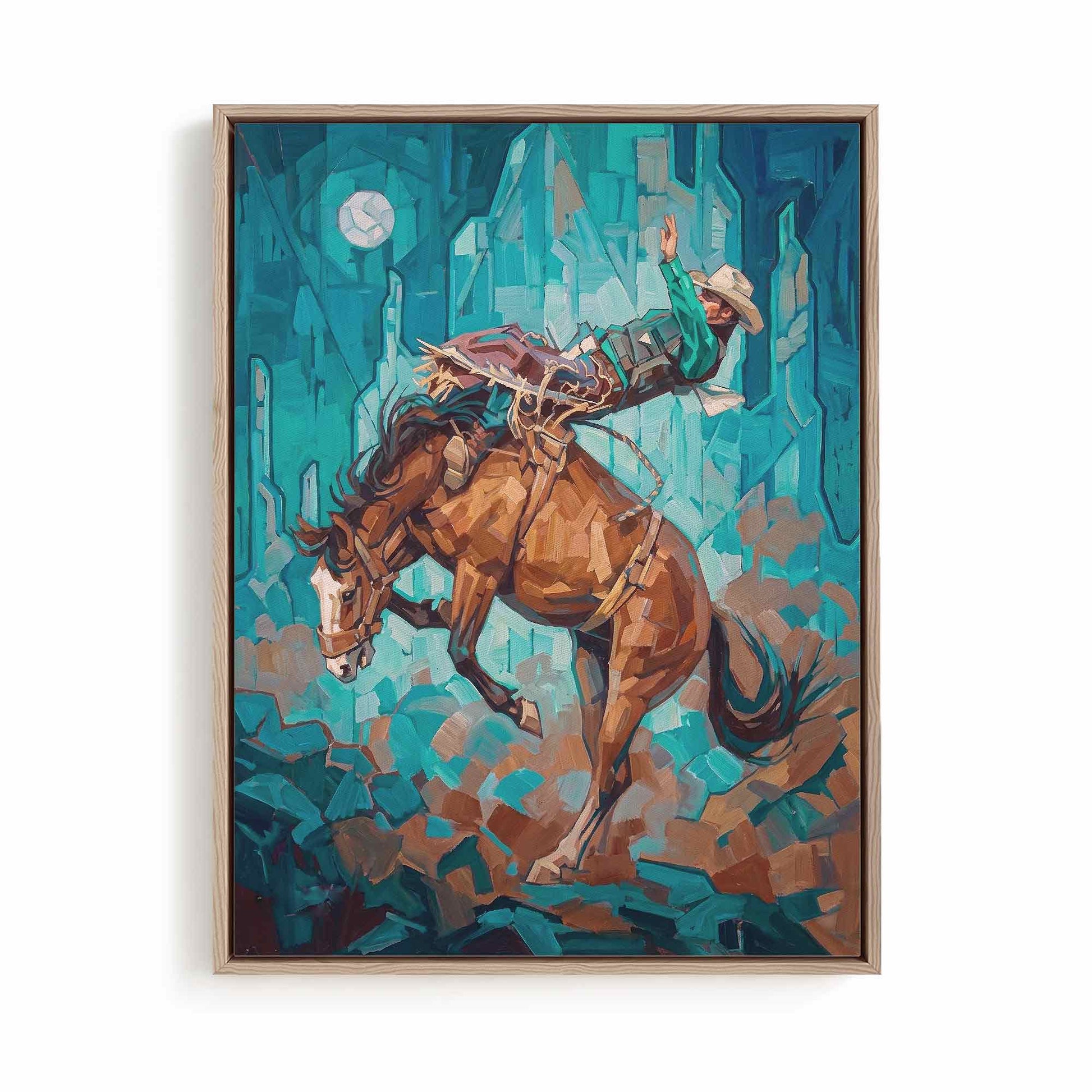 Rustic moonlit rodeo western cowboy framed canvas wall art abstract horse artwork - Afterhours Gallery