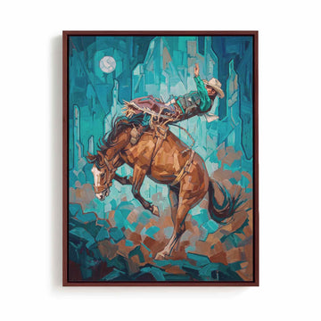 Rustic moonlit rodeo western cowboy framed canvas wall art abstract horse artwork - Afterhours Gallery
