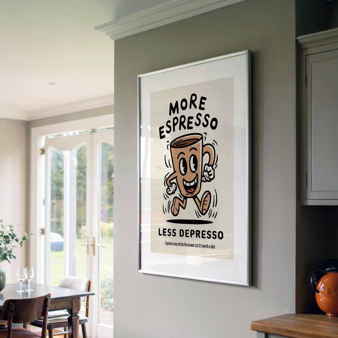 More Espresso Less Depresso framed wall art print in kitchen