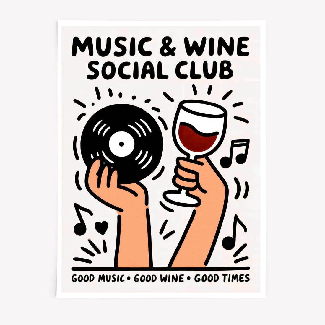 trendy wall art print - music and wine social club featuring hand drawn record vinly and vino