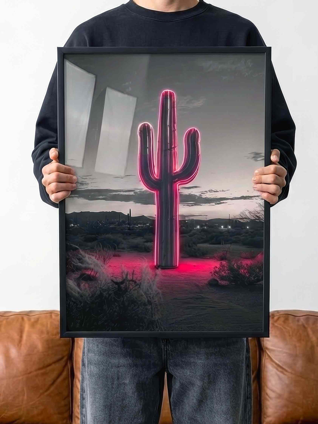 Neon Saguaro neon cactus art print in black frame with a bold contemporary finish