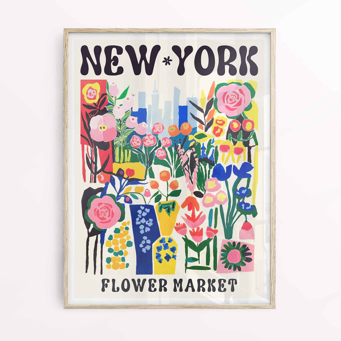 Framed New York flower art in black frame