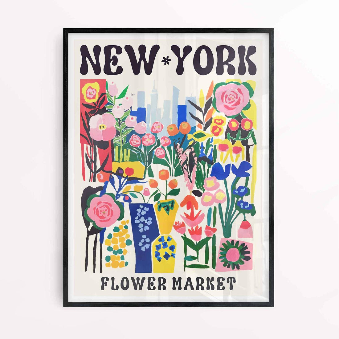 Framed New York flower art in black frame