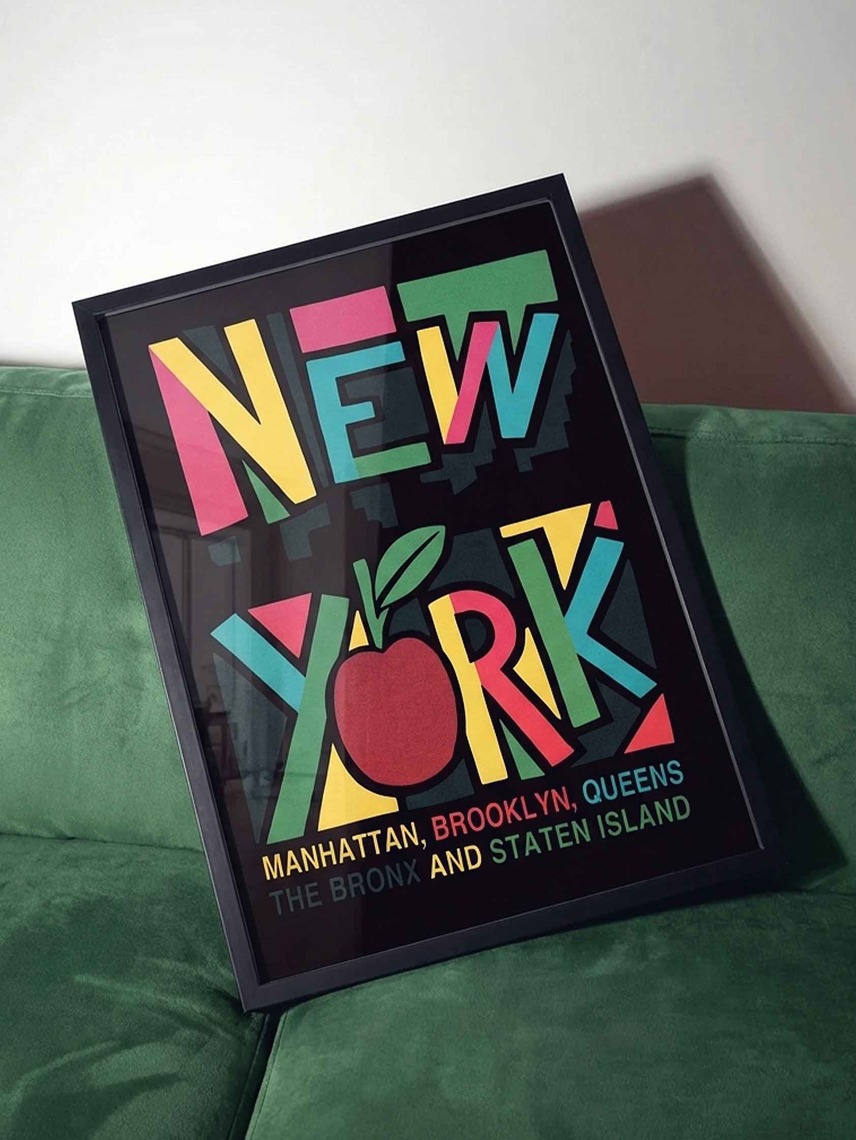 Bold colorful New York Poster framed in black frame by Afterhours Gallery