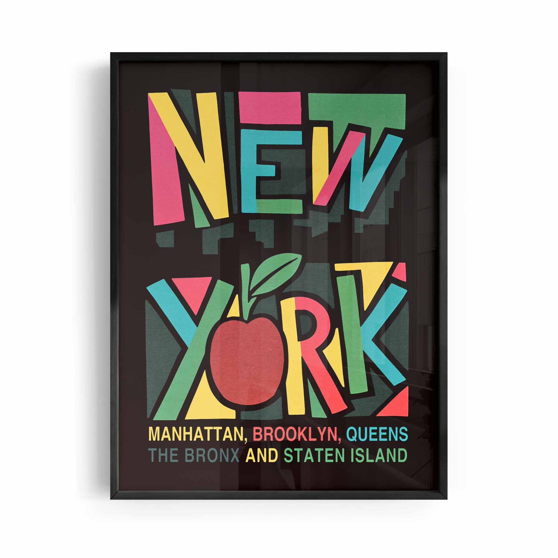 Bold colorful New York Poster framed in black frame by Afterhours Gallery