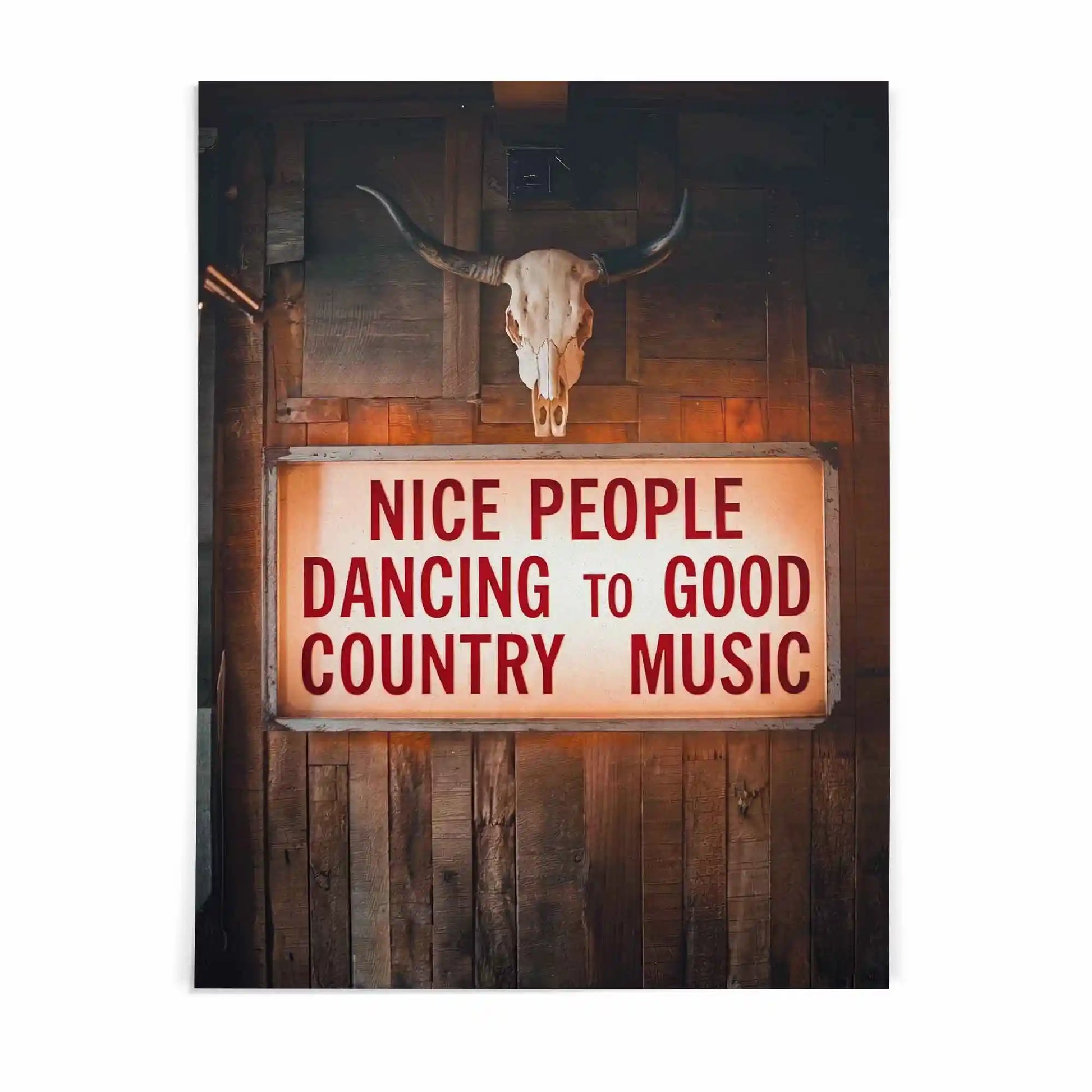 Nice People Dancing To Good Country Music western wall art with glowing vintage country bar sign and longhorn skull decor