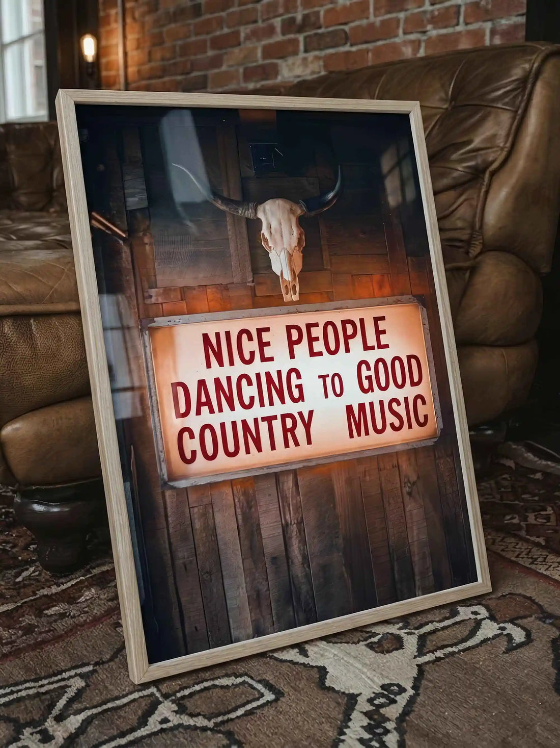Rustic western wall decor with vintage illuminated sign and Americana country aesthetic framed by Afterhours Gallery