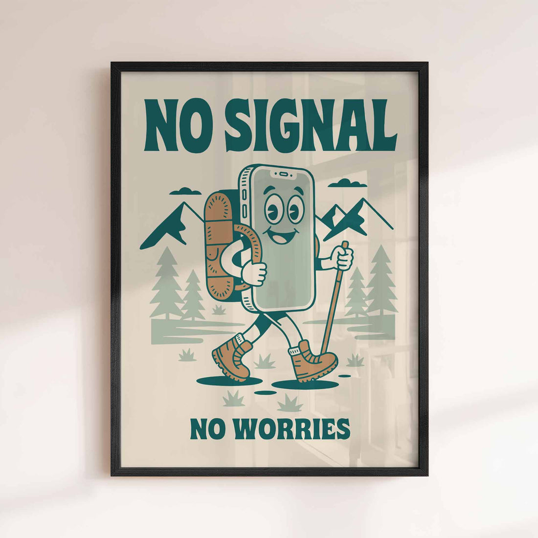 No Signal No Worries Print - Retro Hiking Adventure Wall Art by Afterhours Gallery digital detox wall decor