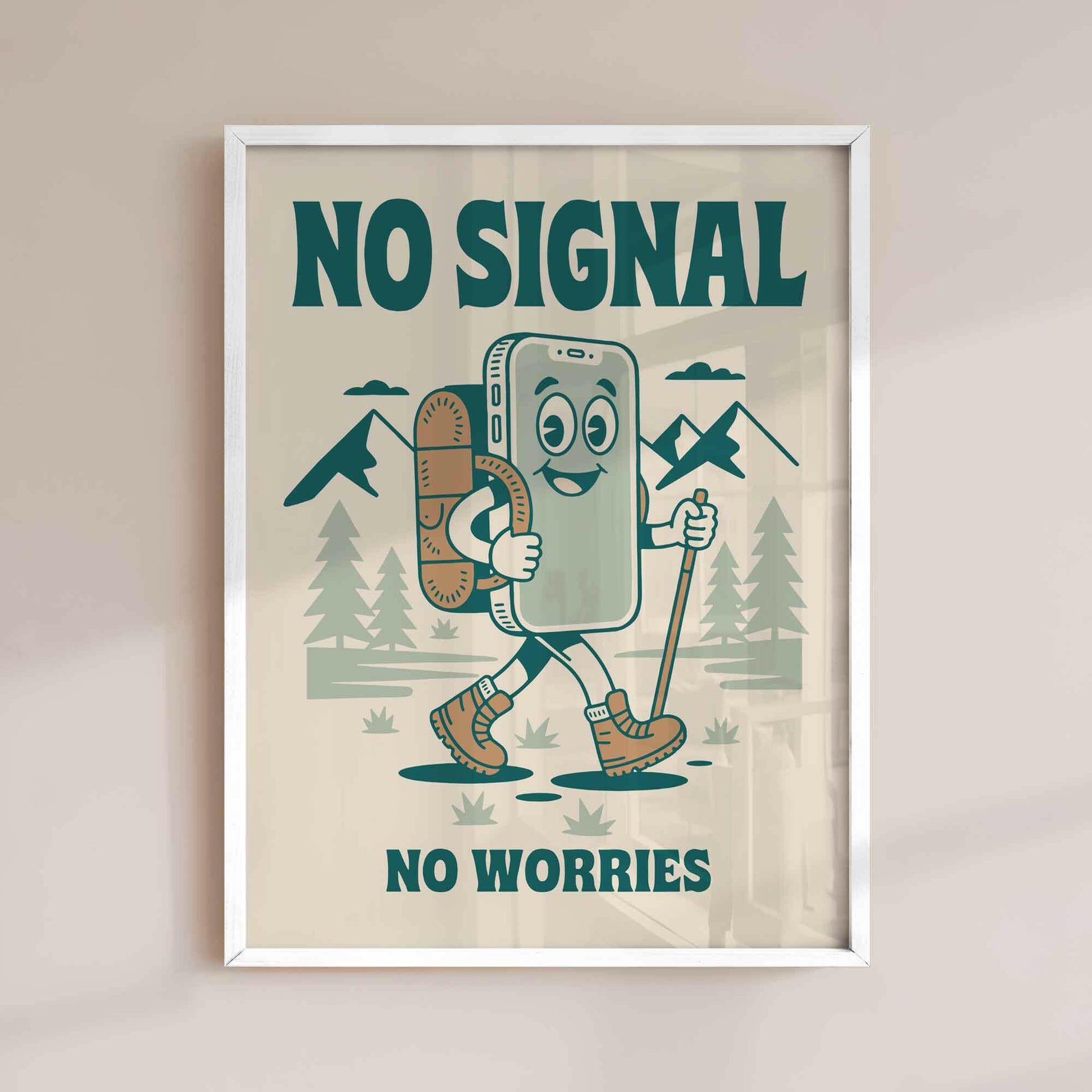 No Signal No Worries Print - Retro Hiking Adventure Wall Art by Afterhours Gallery