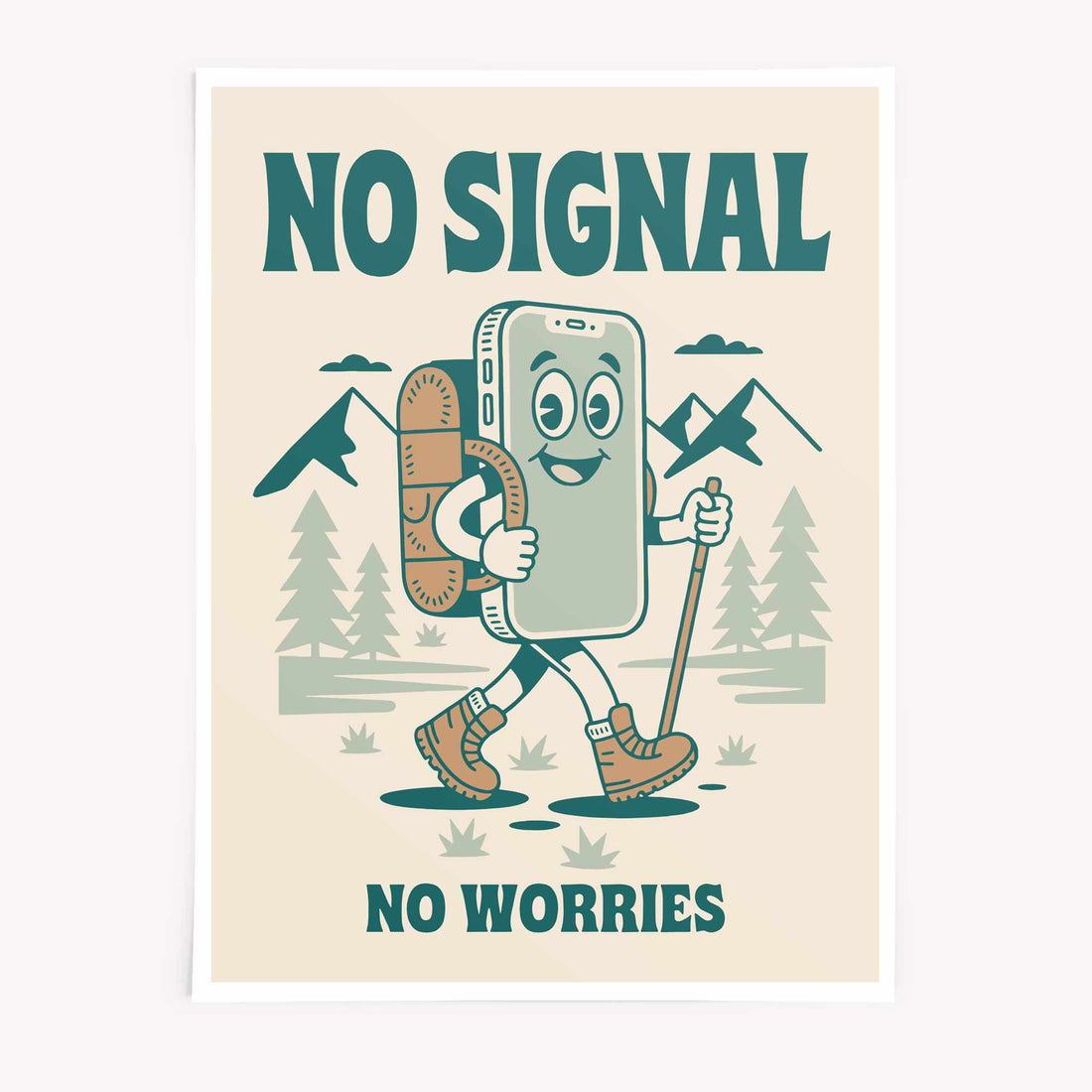 No Signal No Worries Print - Retro Hiking Adventure Wall Art by Afterhours Gallery digital detox wall decor