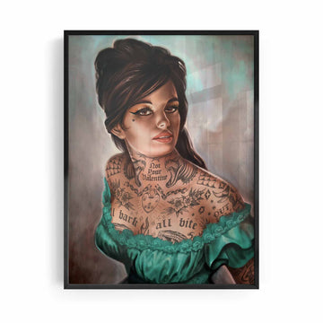Trendy Vintage Kitsch Wall Ar. Retro tattoo girl wall art print for mid century interior