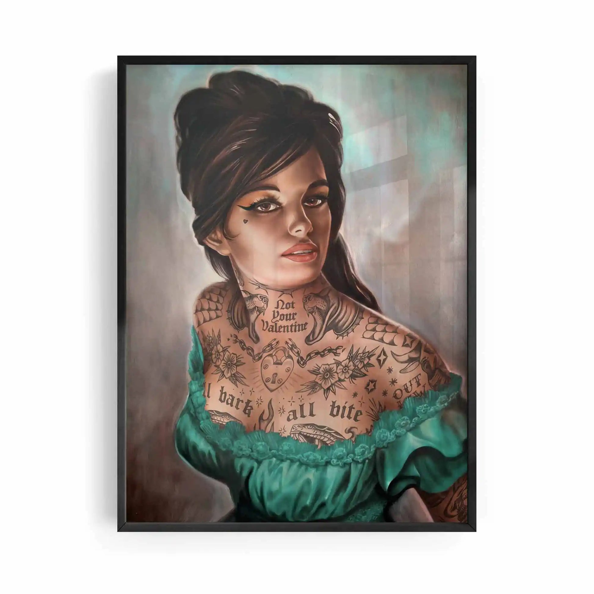 Not Your Valentine black framed altered vintage portrait displayed in a contemporary bedroom | After Hours Gallery