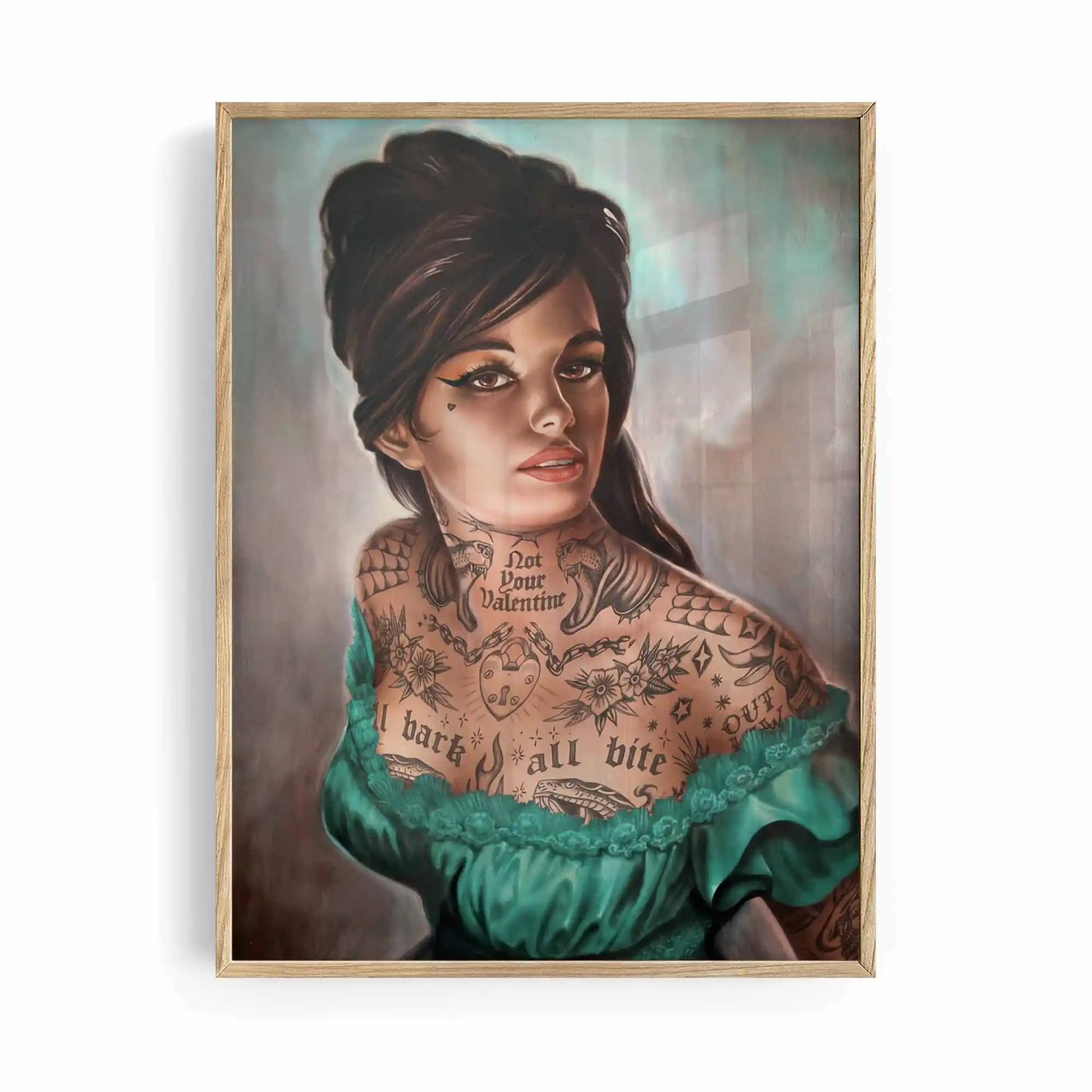 Not Your Valentine oak framed tattoo-inspired portrait print for stylish mid-century interiors | After Hours Gallery