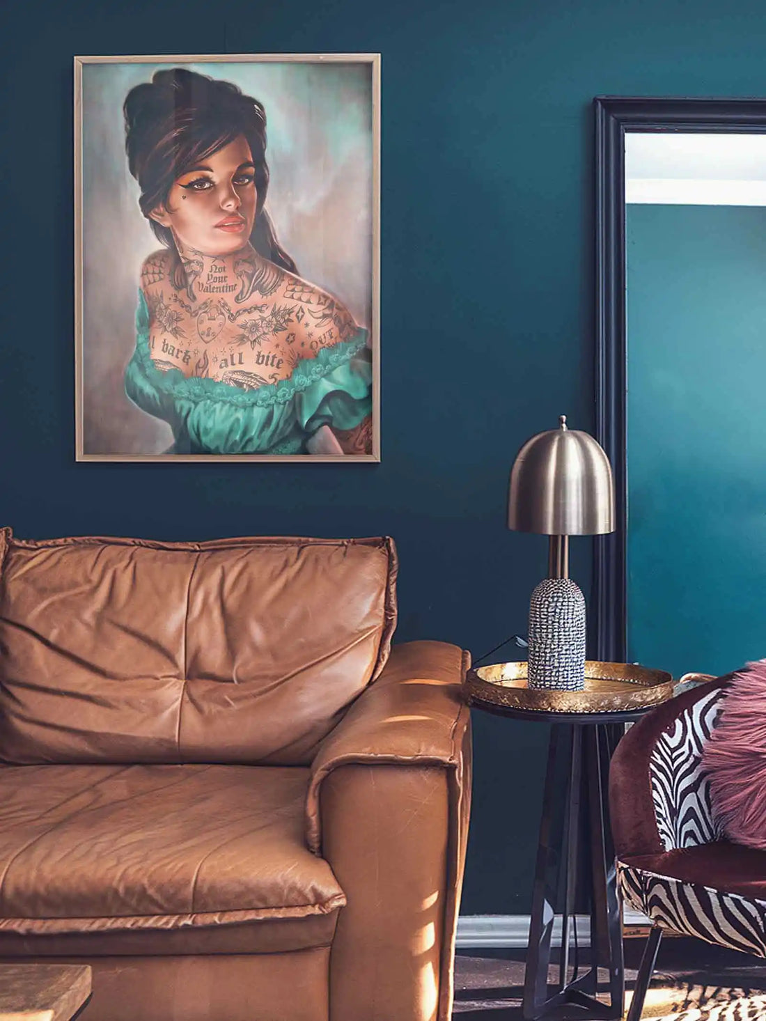 Not Your Valentine walnut framed altered vintage artwork featuring emerald green, warm beige and chocolate brown tones | After Hours Gallery
