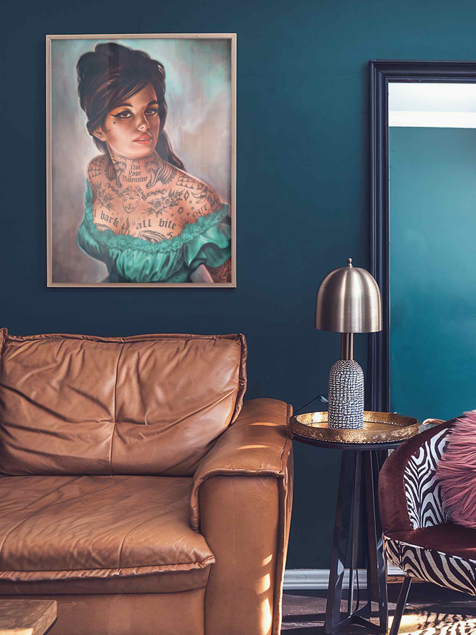 Vintage girl painting with tattoos modern wall art