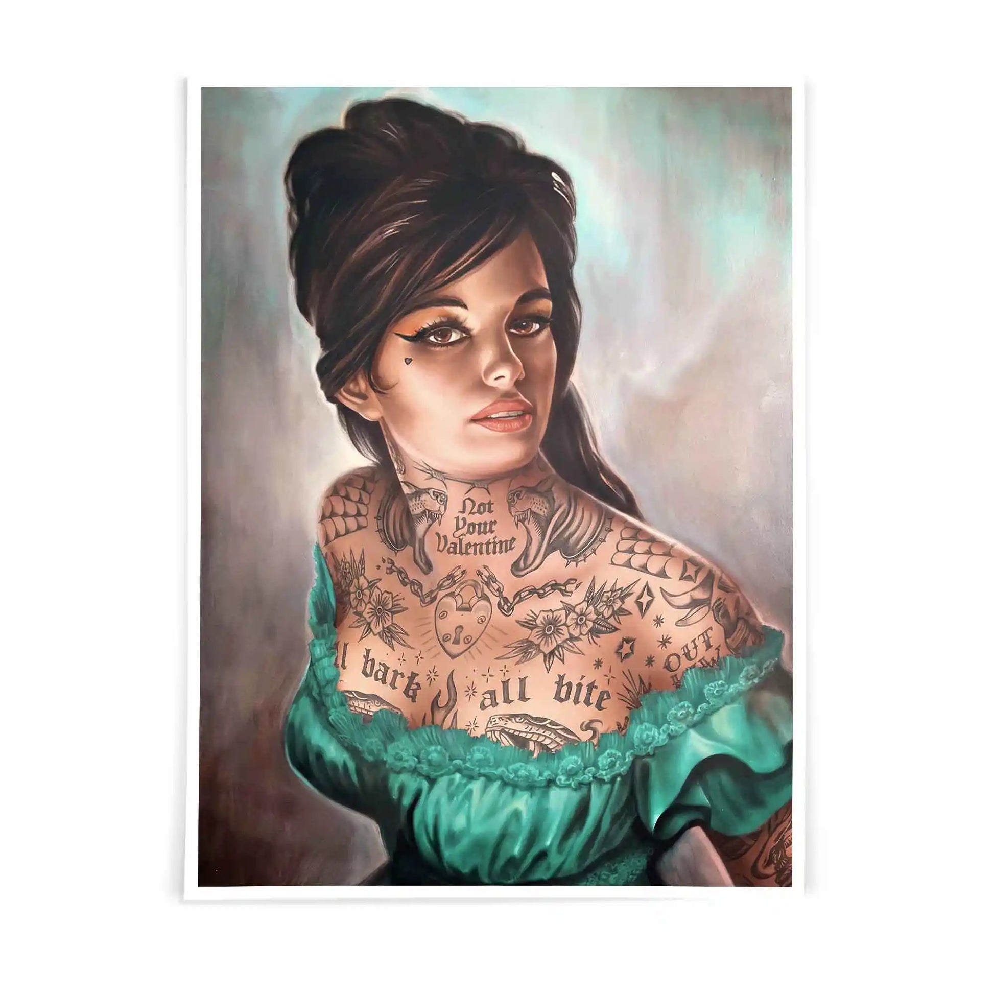 Not Your Valentine altered vintage portrait wall art featuring contemporary tattoo art in emerald green, warm beige and earthy neutral tones | After Hours Gallery