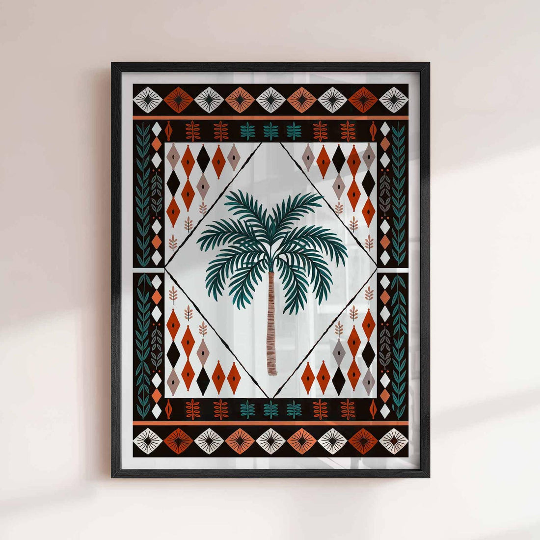 Illustrated palm tree in decorative Marrakesh pattern Boho Framed Art Print