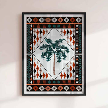 Illustrated palm tree in decorative Marrakesh pattern Boho Framed Art Print