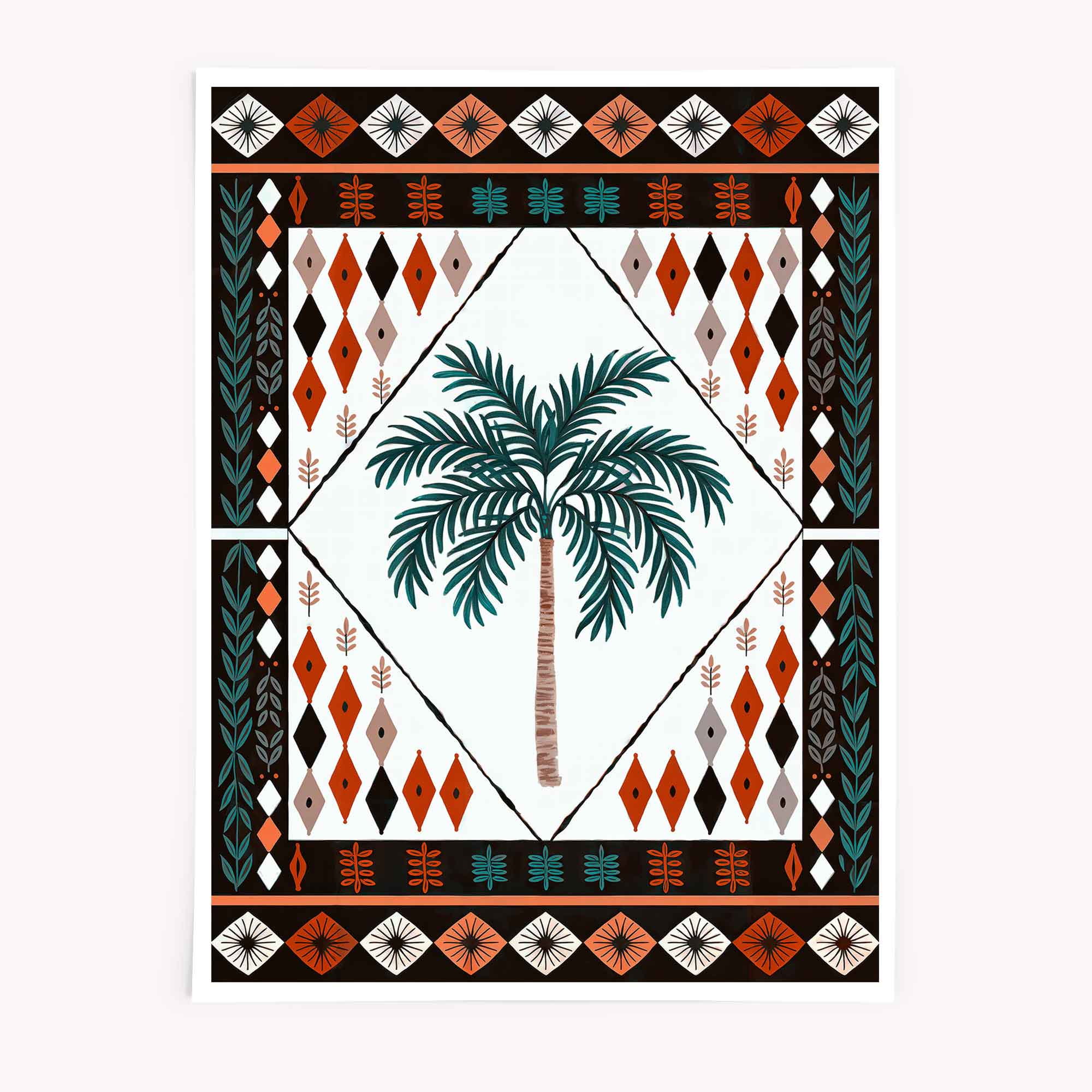 Boho Moroccan palm tree print with diamond border by Afterhours Gallery