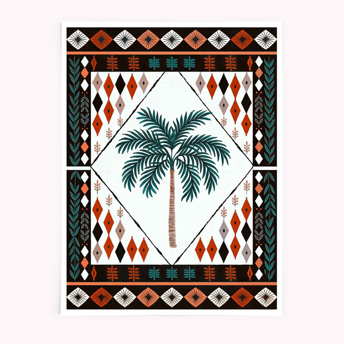 Boho Moroccan palm tree print with diamond border by Afterhours Gallery