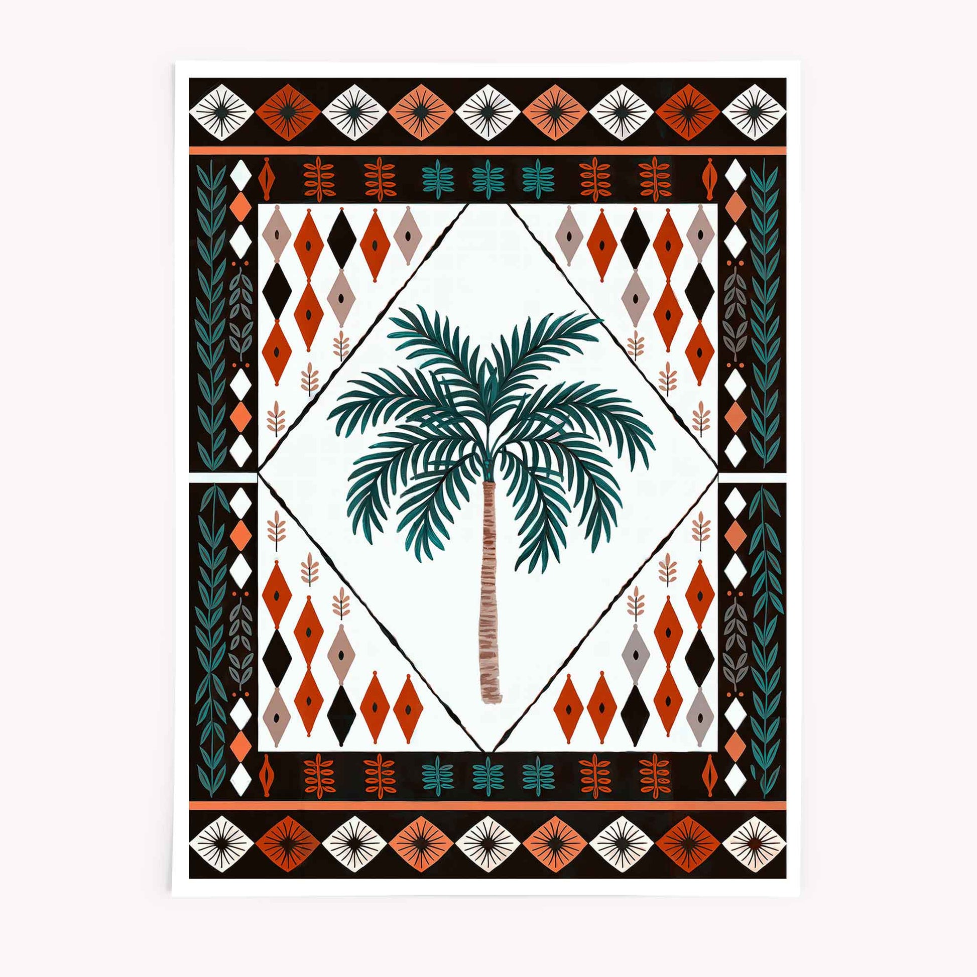 Boho Moroccan palm tree print with diamond border by Afterhours Gallery