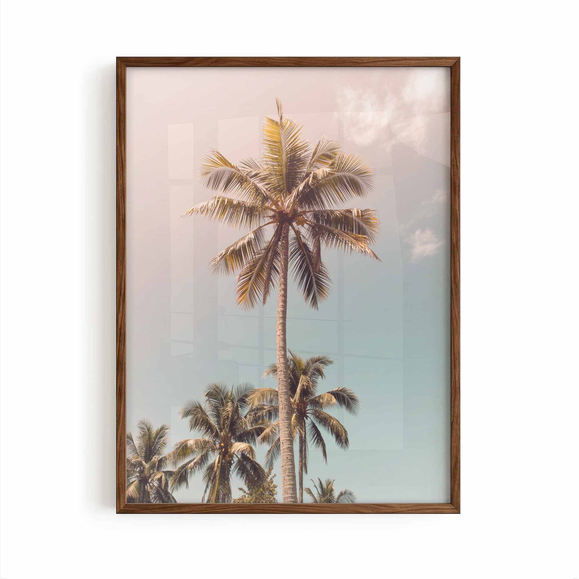 Tall tropical palm tree framed print photographed against a soft pink and blue pastel sky, creating a dreamy coastal wall art print inspired by endless summer living.
