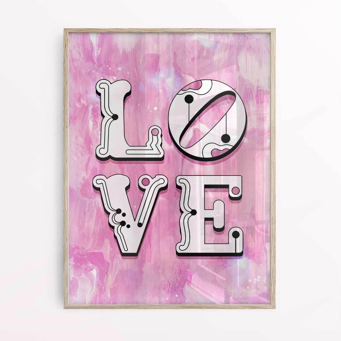 Oak frame: Retro LOVE art in natural oak frame, great for dopamine decor