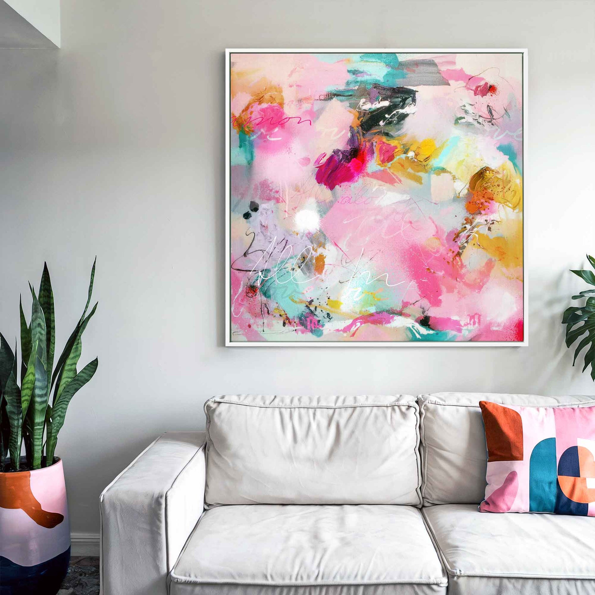 Pink and blue textured canvas painting print above sofa minimal interior
