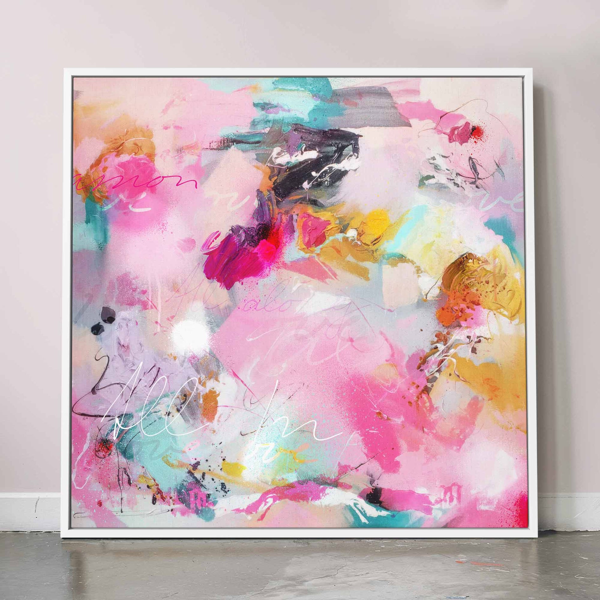 abstract painting pink blue framed