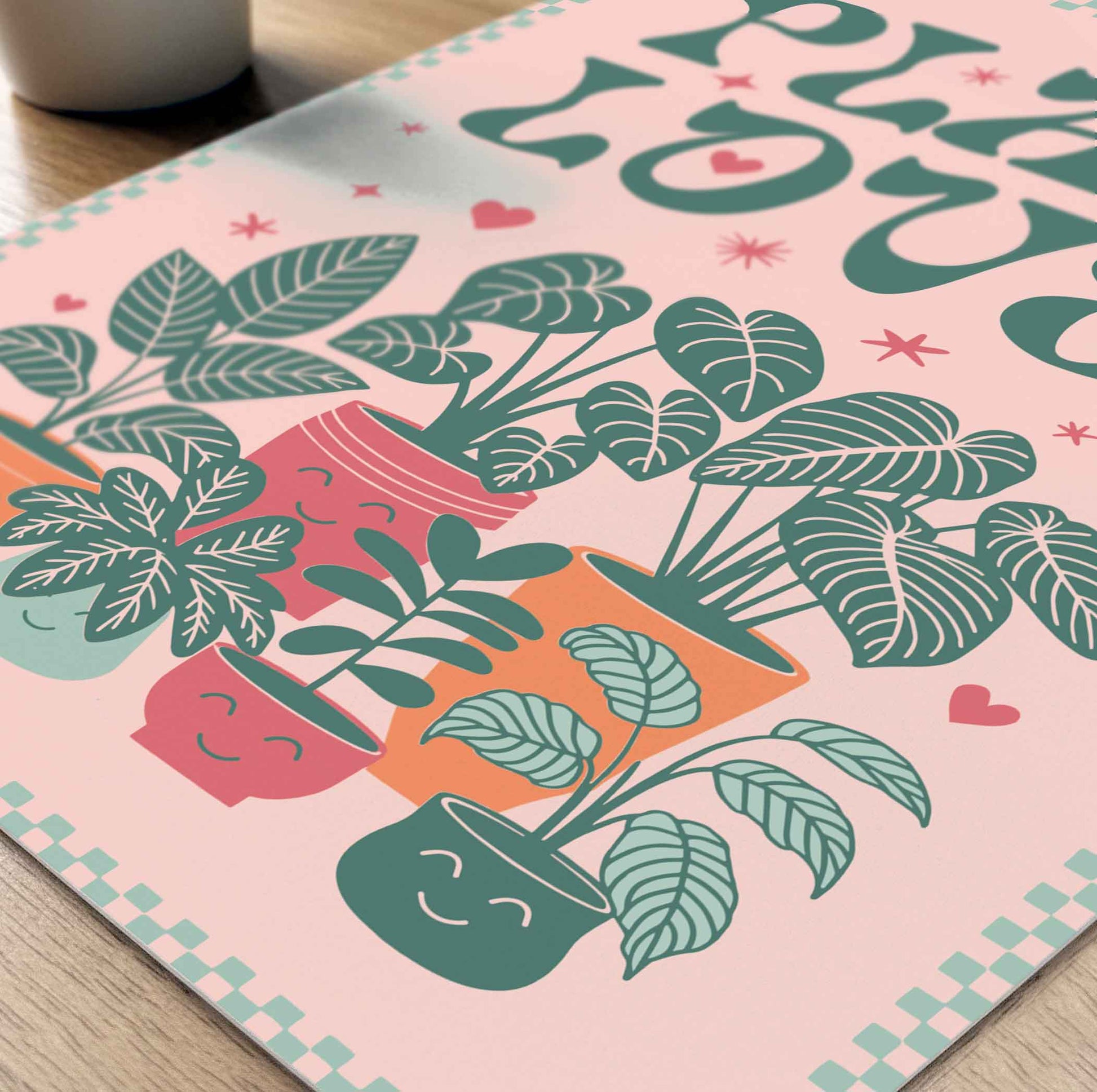 Whimsical retro botanical print featuring playful typography and smiley potted plants. Plant Lover poster