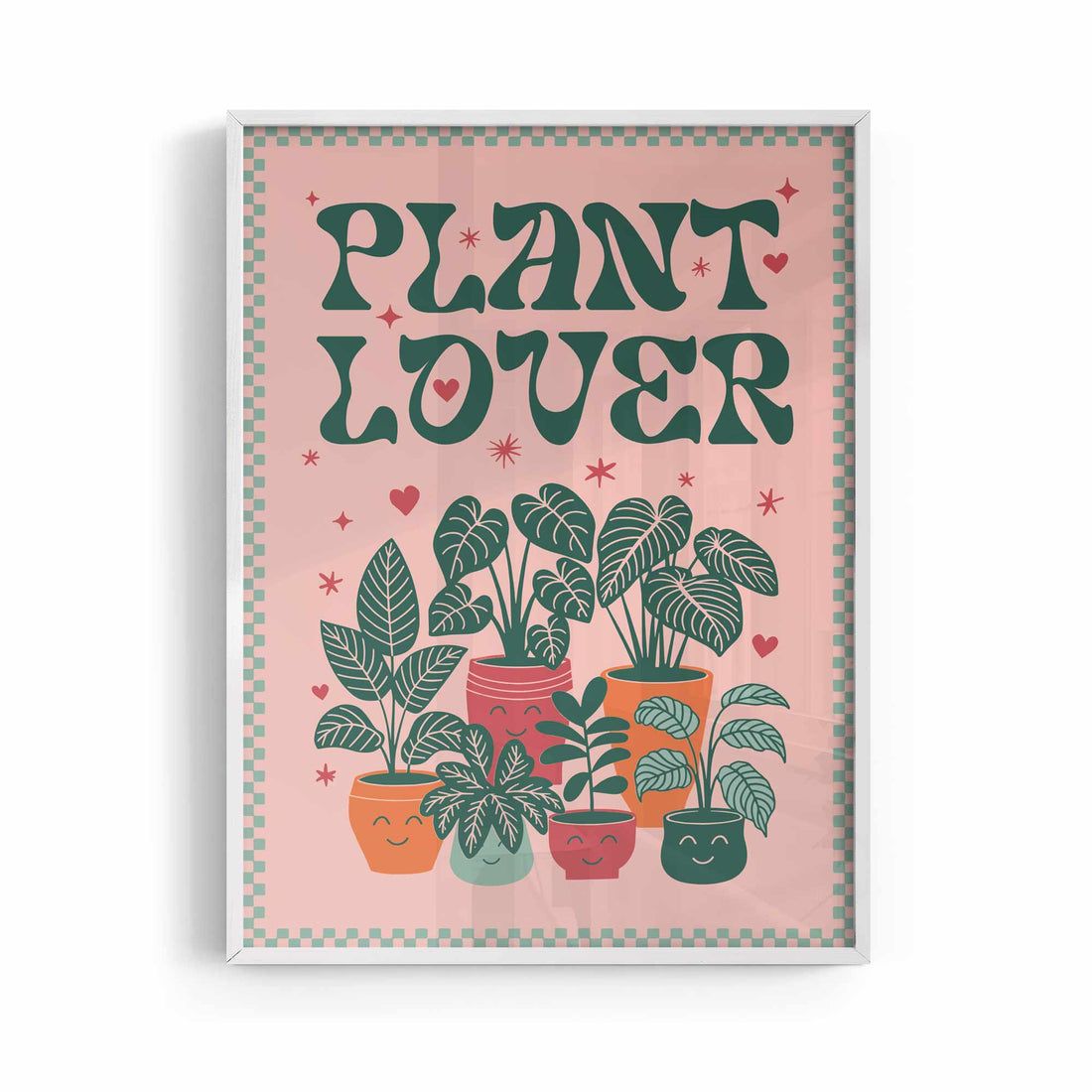 Whimsical retro botanical print featuring playful typography and smiley potted plants. Plant Lover poster